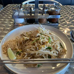 Pad Thai, metal chopsticks, four condiment tray