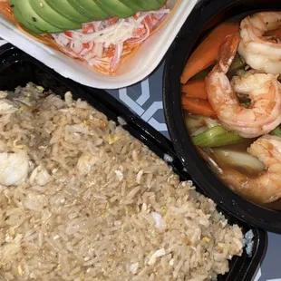 Krab avocado salad, fried rice, Shrimp Lost in the Woods