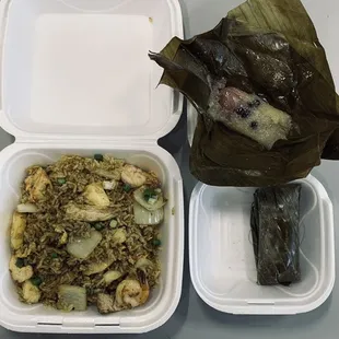 two take out containers with food in them