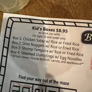 Kid&apos;s menu at Bangkok Bistro