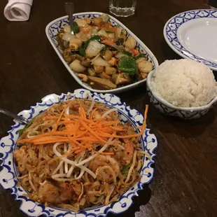 Shrimp pad Thai and scallop stir fry
