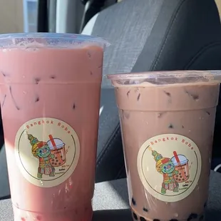 Strawberry milk tea w/ lychee boba and chocolate milk tea w/boba !
