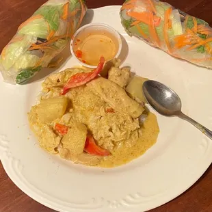 Spring rolls...and yellow curry with chicken.    Most excellent!.   I got take out, so this was my plate and portion.