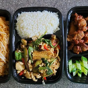 Pad thai, eggplant pork, fried chicken (thigh meat subbed for wings)