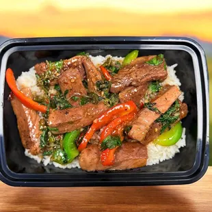 Basil beef over rice.
