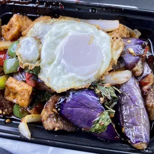 Spicy Tofu Eggplant with a fried egg.