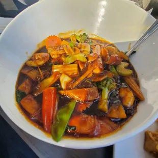 Seafood combo! Outstanding dish. Comes with white rice on the side.