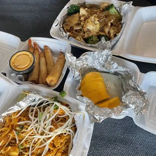 Chicken paid Thai, chicken pad see ew, mango sticky rice, crispy shrimp