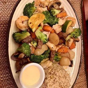 Steak, shrimp, chicken and scallops hibachi