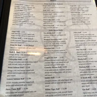 Sushi menu