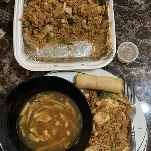 Soup, 1/2 of my plated Kow Pad Nam Prik Prow Chicken plus broccoli and spring roll