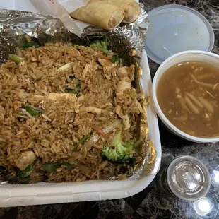 K5. Kow Pad Nam Prik Prow Chicken plus broccoli, order of spring rolls and soup