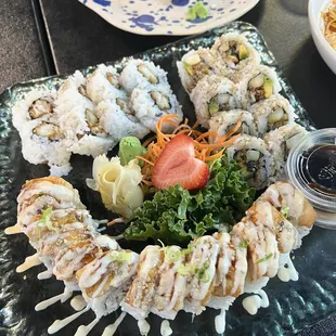 Top left, Tampa roll; right, eel roll; bottom, Captain Roll (Most Popular Roll)