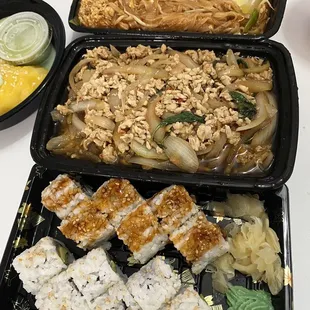 Pad Thai, pad krapow gai, eel roll, salmon avocado roll, salmon avocado roll