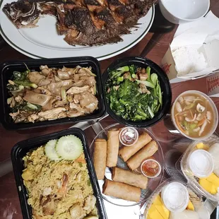 Whole flounder, pad see ew, pork with Chinese broccoli, seafood pineapple fried rice, egg rolls, mango sticky rice takeout