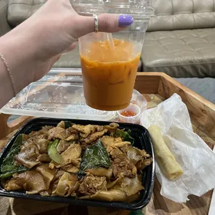 pork pad see ew, thai tea, baby roll