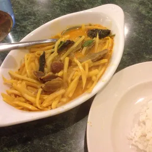 Red curry with duck. Honestly, wasn&apos;t worth 13 bux. Four small pieces of duck... Really?