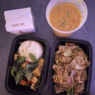 Tofu Basil, Panang Beef with Steamed Rice, Pad See Ewe