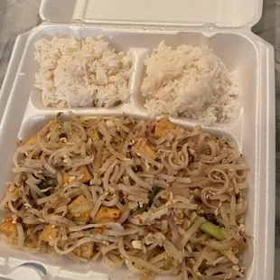 BLAND tofu pad thai... with a side of rice? smells bad too. threw it out.