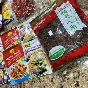 To go packets of all my favorites to bring with me while I travel: Tom Ka Paste, papaya salad mix, green curry paste and dried aniseed.