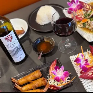 BYOB wine + Shrimp rolls + Pad Kee Mao + Ginger Delight + Side Steamed Rice
