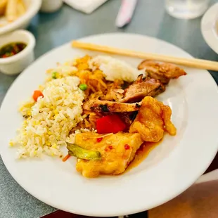 Veggie Fried Rice, Sweet &amp; Sour Flounder, BBQ Pork and Chicken.