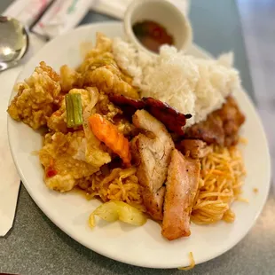 My Messy Plate of Sweet &amp; Sour Flounder, BBQ Chicken, BBQ Pork, Pad Thai, Sticky Rice &amp; Chili Fish Sauce