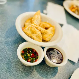 Fried Dumplings w/ Dumpling Sauce and Fish Sauce w/ Chillis