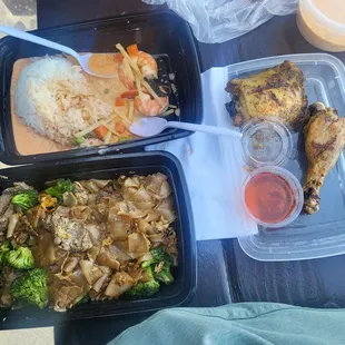 Combo 3 bbq chicken and red curry shrimp with rice and a pad see ew