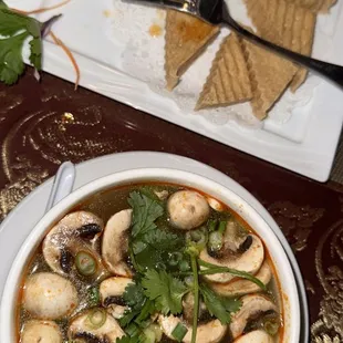 Tom yum with chicken and spicy.   Fried tofu and sauce.