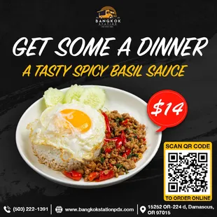 Spicy chicken  Basil Sauce.
https://bangkokstationthaistreetfoodor.smiledining.com//?2022101701