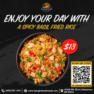 The best  seller.
Spicy basil Fried Rice.
https://bangkokstationthaistreetfoodor.smiledining.com//?2022101701