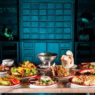 a variety of dishes on a table