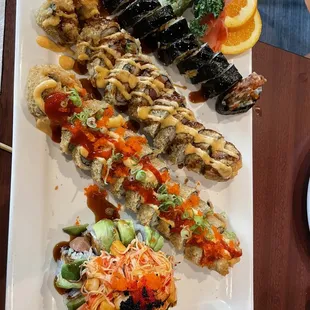 Spider Roll, Crunchy Roll (minus the cream cheese),   And Tuna Tornado....etc