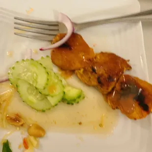Chicken satay- comes with peanut sauce and cucumber salad with red onion
