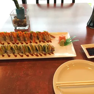 Caterpillar roll and golden dragon roll