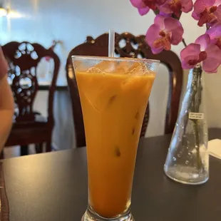 a tall glass of iced coffee