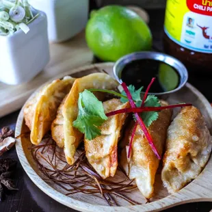 Pot Stickers - fried pot stickers with pork and mushroom soy vinegar.