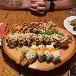 a plate of food on a wooden table