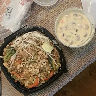 Pad thai and coconut tofu soup