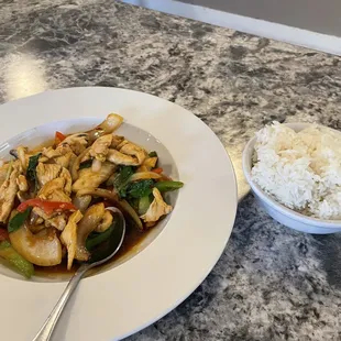 My son's DELICIOUS order of Drunken Stir Fry!!! (No baby corn here either!)