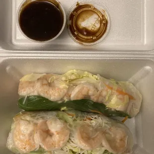 Fresh Basil Rolls Shrimp. Wrap fell apart from all the rips and sauce wasn't great but 4 large shrimp in each roll. Fresh &amp; good.