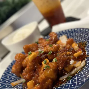 Bangkok General Tso&apos;s Chicken served with rice.