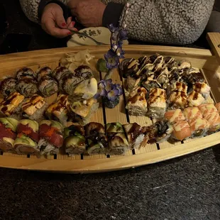 Sushi boat, a variety of their rollls