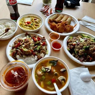 Tom yum soup, Lemongrass chicken, grandmas fried rice, yellow curry, egg-rolls and fried shrimp