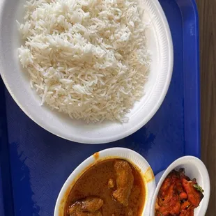 Chicken Boti Kab, lamb and white rice