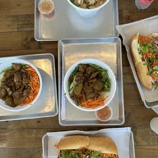 Dirty Bird Sandwich, Fried Tofu Sandwich, mock duck curry bowl. Everything was delicious