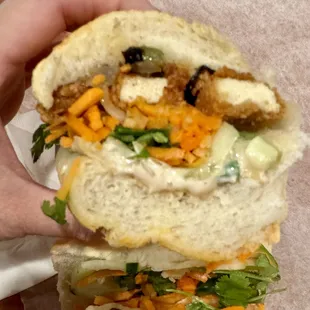 Banh mi with fried tofu and sautéed onions and peppers - so good