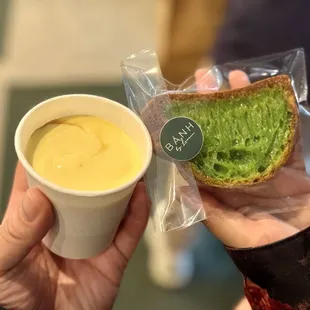 Cà Phê Trứng (phin style espresso topped with a sweet egg custard) and Bánh Bò Nướng (pandan and coconut flavored honeycomb cake)