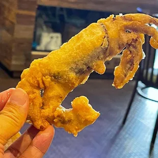 a hand holding a fried shrimp